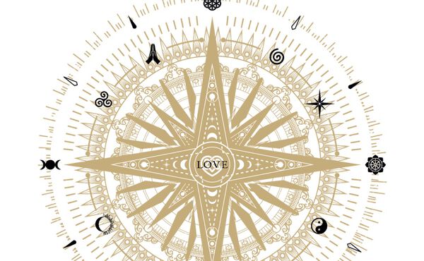 Illustration af Rituals-kompasset med kærlighed i midten og spirituelle symboler omkring et gyldent stjernebillede.